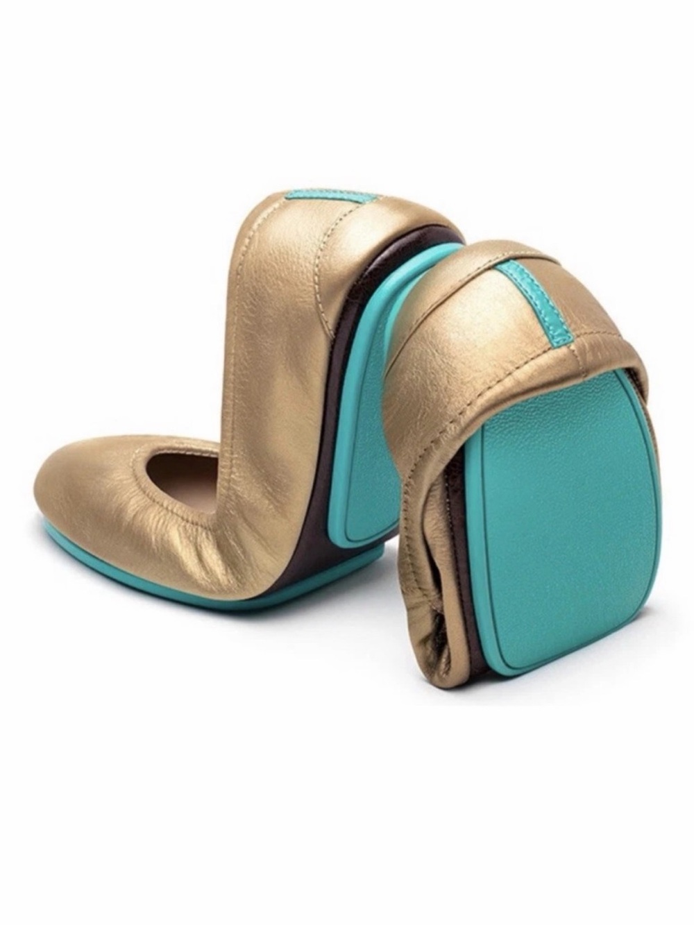 Tieks Foldable Ballet Flats in Metallic Gold with Turquoise Sole size 10